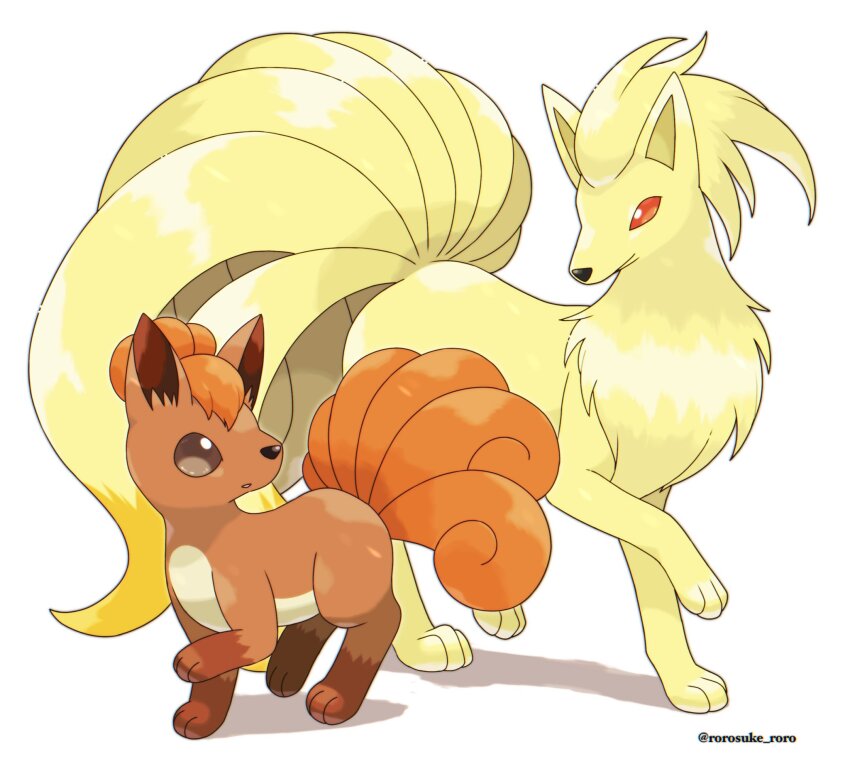 animal_focus brown_eyes commentary_request evolutionary_line gen_1_pokemon highres multiple_tails ninetales nintendo no_humans open_mouth pokemon pokemon_(creature) red_eyes rorosuke simple_background smile standing tail twitter_username vulpix white_background