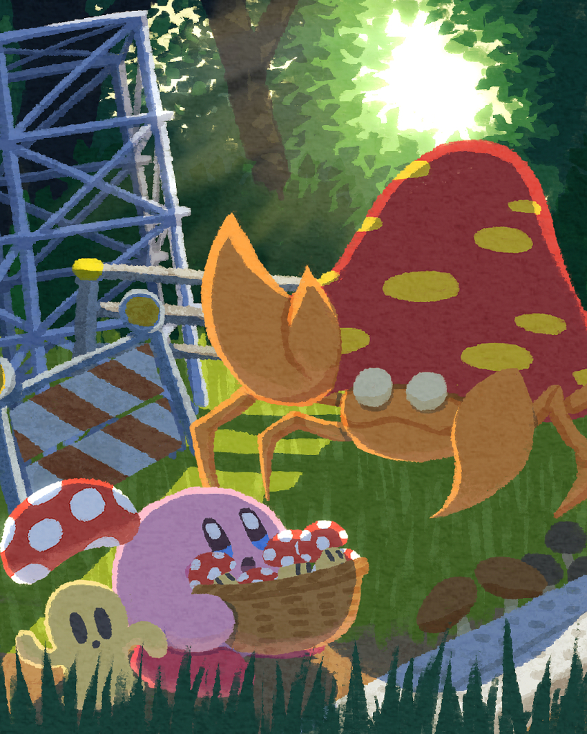 basket blue_eyes blush_stickers bush cappy_(kirby) crab forest gen_1_pokemon grass highres holding holding_basket kirby kirby_(series) light miclot mushroom nature nintendo no_humans open_mouth outdoors parasect pink_shoes pokemon pokemon_(creature) shoes tree