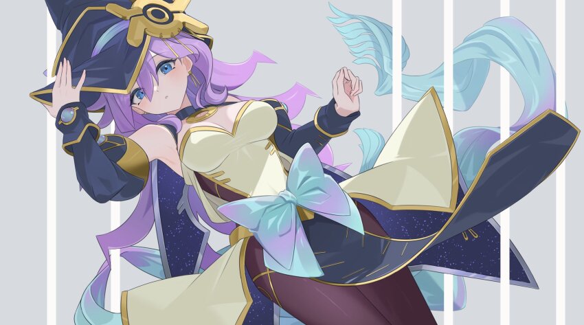 1girl bare_shoulders black_pantyhose blue_eyes breasts cleavage cowboy_shot dress duel_monster grey_background heichi highres long_hair medium_breasts nightmare_apprentice pantyhose purple_hair simple_background solo yu-gi-oh!