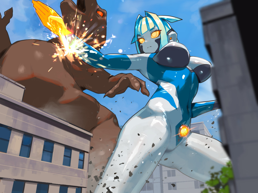 1girl altina_earth blue_hair blue_sky bodysuit city commentary giant giant_monster giantess kaiju monster nikunopengin original short_hair skin_tight sky ultra_series yellow_eyes