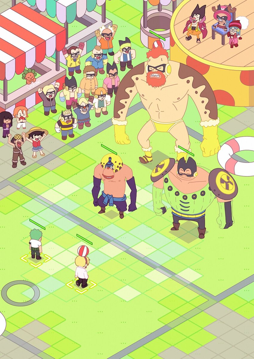 3girls 6+boys antlers arm_armor arms_up artist_name beard big_pan_(one_piece) blonde_hair brown_overalls chibi commentary eye_mask facial_hair foxy_(one_piece) gameplay_mechanics giant green_hair hamburg_(one_piece) haramaki hat health_bar highres horns isometric long_nose lv5plant medium_hair monkey_d._luffy multiple_boys multiple_girls nami_(one_piece) nami_(one_piece)_(long_ring_long_land) nico_robin nico_robin_(long_ring_long_land) one_piece orange_hair outdoors overalls pickles_(one_piece) pink_hat porche_(one_piece) red_shirt reindeer_antlers roronoa_zoro sanji_(one_piece) shirt short_hair smile straw_hat_pirates tony_tony_chopper usopp