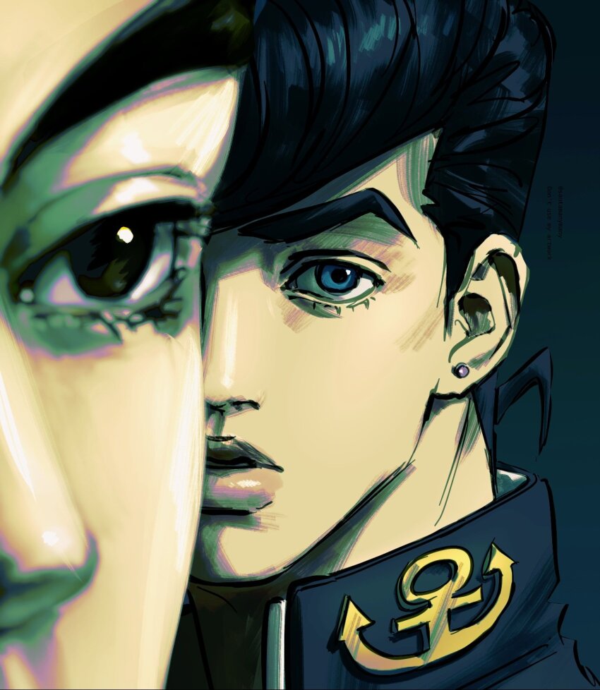 2boys black_eyes black_hair blue_eyes blurry blurry_foreground close-up diamond_wa_kudakenai earrings higashikata_josuke highres jewelry jojo_no_kimyou_na_bouken kawajiri_kosaku kira_yoshikage male_focus multiple_boys pompadour santamanymany stud_earrings