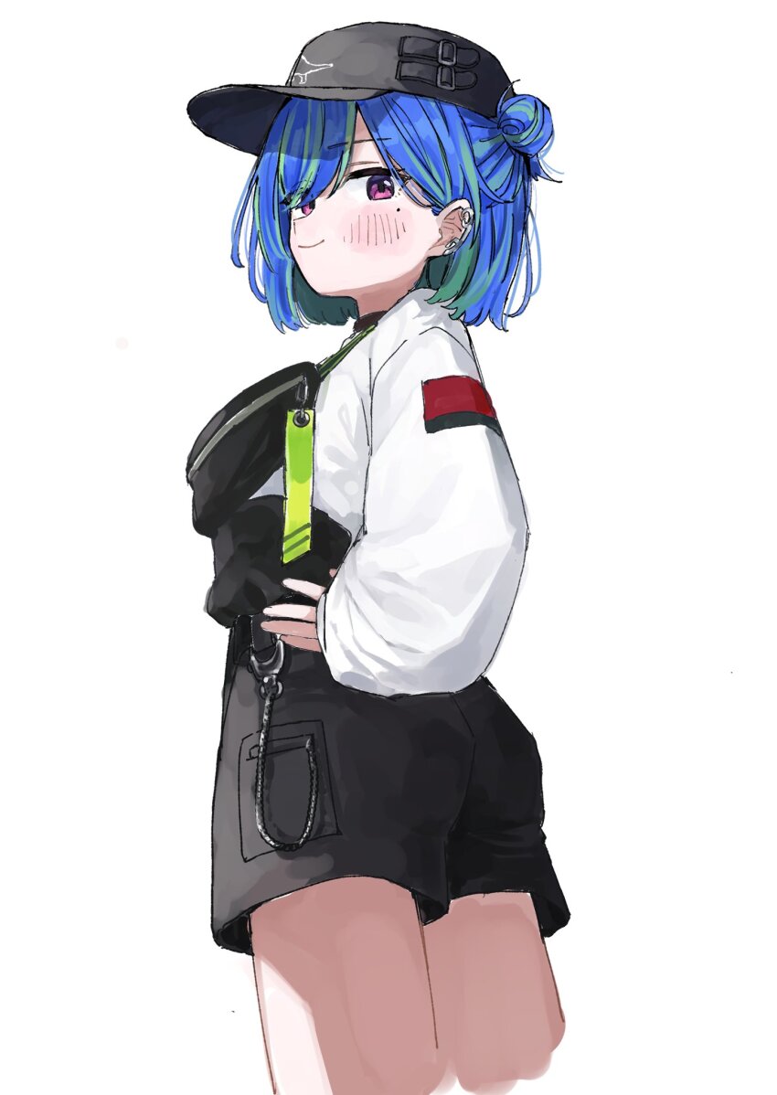 1girl belly_chain black_hat black_shorts blue_hair blush cowboy_shot earclip fanny_pack from_side green_hair hair_bun hanada_ten hand_on_own_hip hat highres jewelry long_sleeves looking_at_viewer mole mole_under_eye multicolored_hair nanashi_inc. parted_bangs puffy_long_sleeves puffy_sleeves purple_eyes shirt short_shorts shorts solo suzumi_nemo suzumi_nemo_(2nd_costume) two-tone_hair virtual_youtuber white_background white_shirt