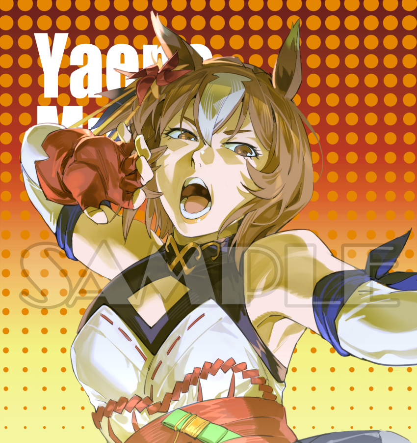 1girl arm_bow armpits bare_shoulders blue_bow bow breasts brown_eyes brown_hair character_name cleavage_cutout clothing_cutout commentary_request dress fingerless_gloves gloves gradient_background hair_between_eyes highres looking_at_viewer multicolored_hair open_mouth ruukii_drift sample_watermark short_hair sleeveless sleeveless_dress small_breasts solo streaked_hair teeth umamusume upper_body v-shaped_eyebrows watermark white_hair yaeno_muteki_(umamusume)