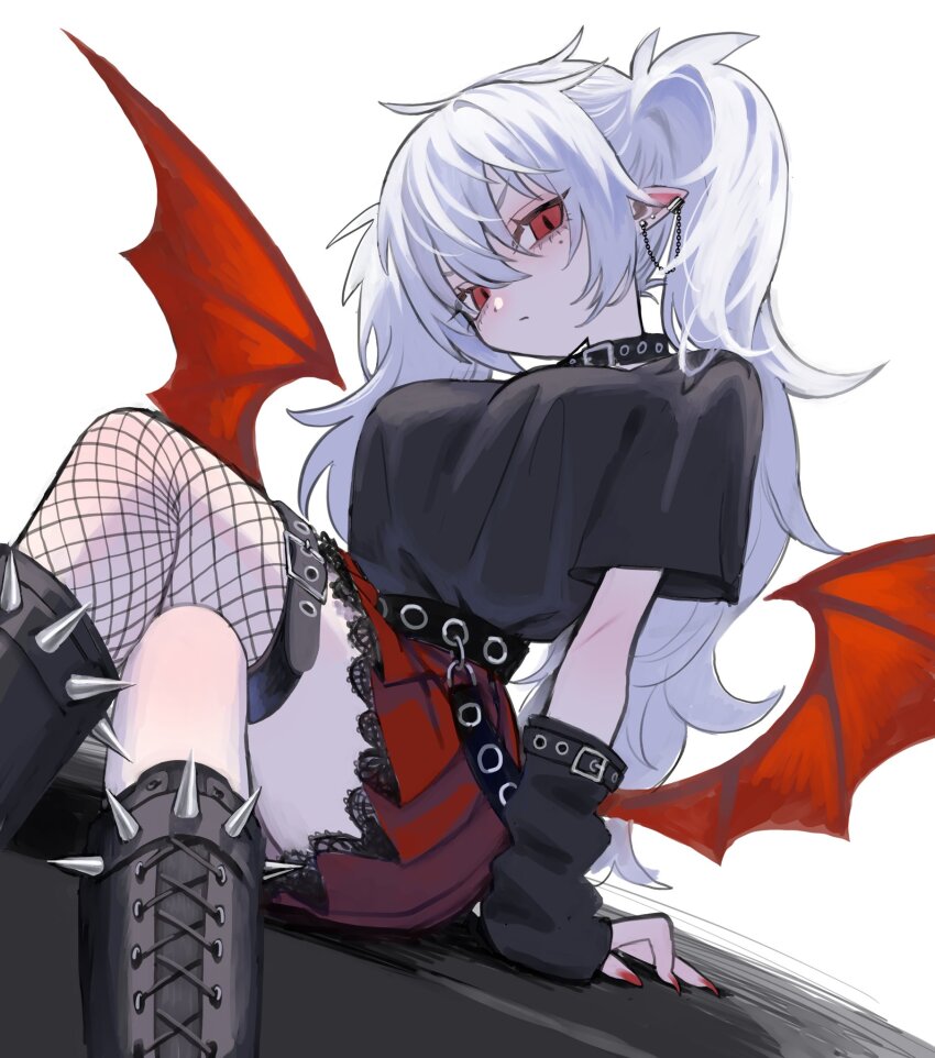 1girl arm_warmers bat_wings belt black_boots boots closed_mouth collar crossed_legs dutch_angle ear_piercing fishnet_thighhighs fishnets genderswap genderswap_(mtf) highres knee_boots kuzuha_(nijisanji) lace-up_boots long_hair looking_at_viewer low_wings mole mole_under_eye nail_polish nelta_rene nijisanji piercing pleated_skirt pointy_ears red_eyes red_skirt sanya_(kuzuha) shirt shirt_tucked_in short_sleeves simple_background single_thighhigh sitting skirt slit_pupils solo spiked_boots t-shirt thigh_belt thigh_strap thighhighs twintails v-shaped_eyebrows virtual_youtuber white_background white_hair wings
