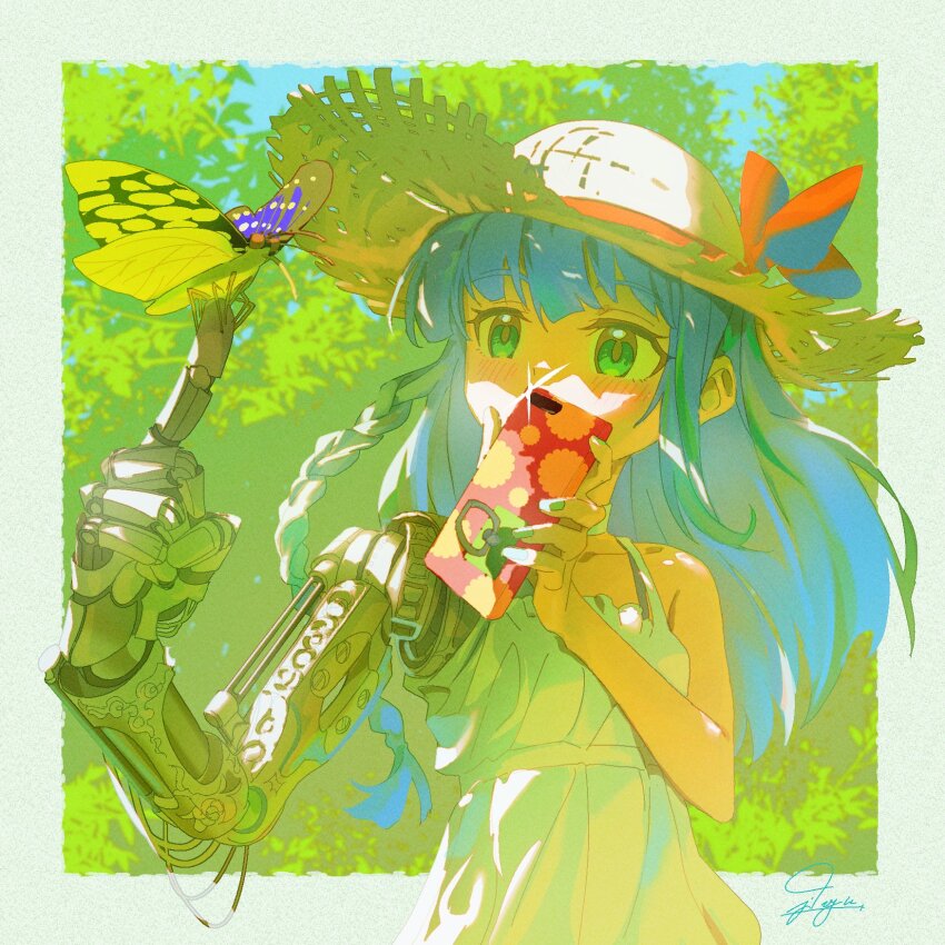 1girl bare_shoulders blue_hair blush border braid bug butterfly butterfly_on_hand cellphone day dress flat_chest green_eyes grey_border hat highres holding holding_phone insect jdge long_hair mechanical_arms mechabare nature original outdoors outside_border phone prosthesis prosthetic_arm side_braid signature single_mechanical_arm smartphone solo straw_hat sunlight taking_picture upper_body white_dress
