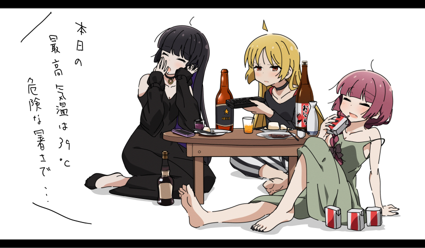 3girls absurdres ahoge alcohol alcohol_carton barefoot black_dress black_footwear black_hair black_shirt blonde_hair bocchi_the_rock! bottle braid carton cellphone closed_eyes colored_inner_hair commentary_request controller dress drinking_straw goth_fashion goumonsha green_dress highres hime_cut hiroi_kikuri ijichi_seika letterboxed long_hair multicolored_hair multiple_girls off_shoulder pa-san pants phone purple_hair red_eyes remote_control shirt single_braid sitting smartphone striped_clothes striped_pants table translation_request vertical-striped_clothes vertical-striped_pants white_background