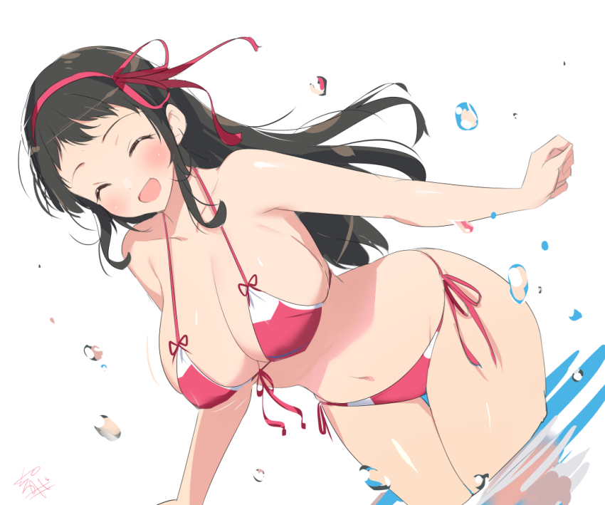 1girl ayame_(senran_kagura) bare_shoulders bikini black_hair blush bouncing_breasts breasts collarbone floating_hair hair_ribbon large_breasts leaning_forward long_hair motion_lines multicolored_bikini navel open_mouth ribbon senran_kagura side-tie_bikini_bottom signature smile solo string_bikini swimsuit thigh_gap thighs two-tone_bikini wading water yaegashi_nan