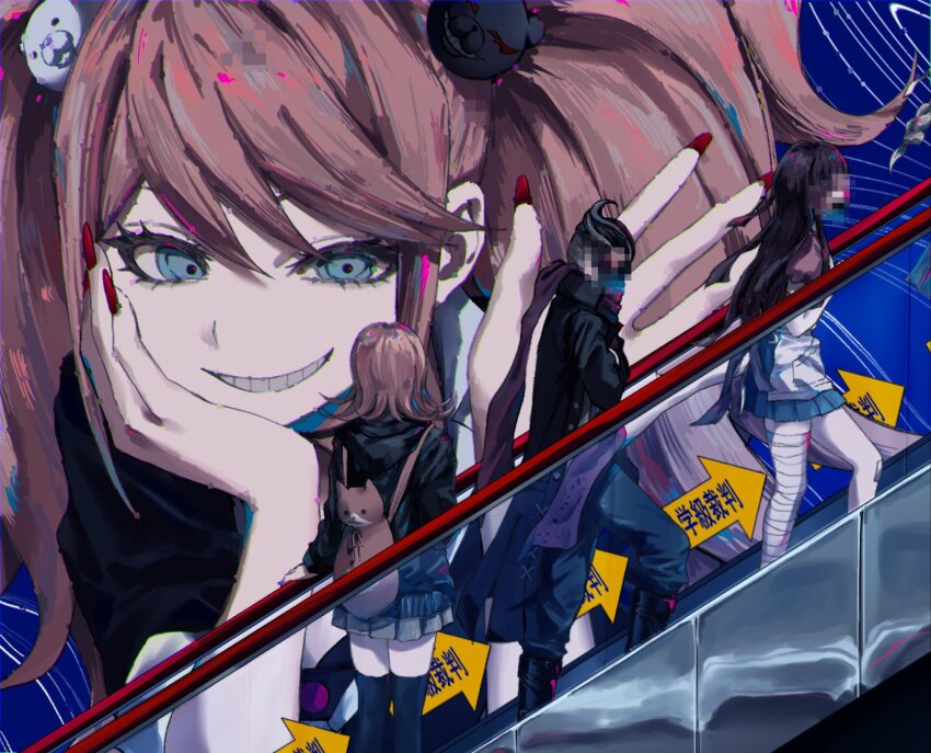 1boy 3girls apron backpack bag bandaged_leg bandages bear_hair_ornament black_hair blonde_hair blue_eyes braid censored danganronpa_(series) danganronpa_2:_goodbye_despair enoshima_junko escalator hair_ornament hand_on_own_face highres jacket long_hair looking_at_another medium_hair mosaic_censoring multicolored_hair multiple_girls nanami_chiaki pants pekoyama_peko purple_hair purple_scarf red_nails scarf short_hair skirt smile streaked_hair tanaka_gundham teeth thighhighs tsumiki_mikan twintails umesigeissei white_apron