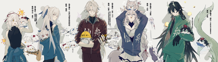 2girls 3boys alternate_costume animal_ears baiheng_(honkai:_star_rail) bare_shoulders bird black_hair blade_(honkai:_star_rail) chinese_text dan_heng_(honkai:_star_rail) dan_heng_(imbibitor_lunae)_(honkai:_star_rail) dragon_boy dragon_horns dragon_tail fox_ears fox_girl hammer hard_hat helmet high_ponytail highres holding holding_screwdriver honkai:_star_rail honkai_(series) horns jacket jing_yuan jingliu_(honkai:_star_rail) long_hair mississipping multiple_boys multiple_girls nest open_clothes open_jacket pants ponytail purple_hair red_eyes screwdriver sword tail track_jacket track_pants track_suit translation_request tree weapon white_hair wrench wubbaboo_(honkai:_star_rail) yingxing_(honkai:_star_rail)