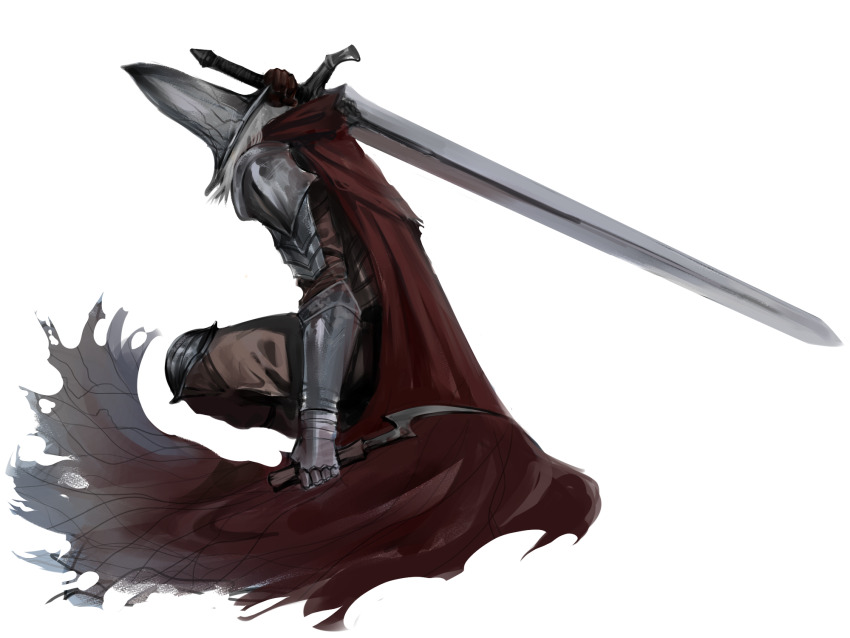 1other abyss_watcher armor asymmetrical_dual_wielding brown_pants brown_shirt cape commentary dagger dark_souls_(series) dark_souls_iii dokomon dual_wielding full_body gauntlets greatsword highres holding holding_dagger holding_knife holding_sword holding_weapon knife other_focus pants pauldrons pointy_hat poleyn red_cape reverse_grip shirt shoulder_armor simple_background solo squatting sword torn_cape torn_clothes weapon white_background white_hair