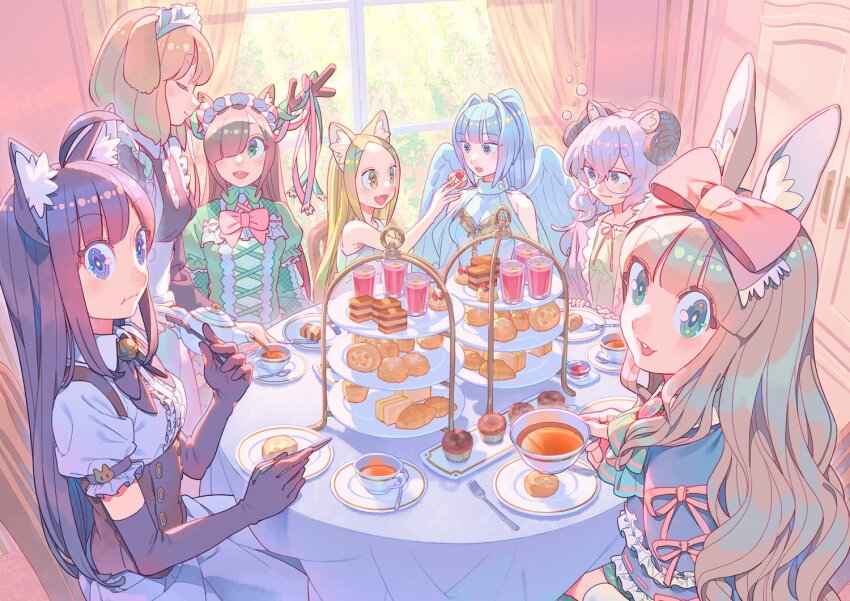 6+girls :o :s animal_ear_fluff animal_ears antlers apron backlighting bell black_dress black_gloves black_tea blonde_hair blue_dress blue_eyes blue_hair blunt_bangs bow bowtie breasts brown_hair buck_teeth cake cat_ears cat_girl closed_eyes closed_mouth commentary_request cookie cross-laced_clothes cross-laced_dress cup cupcake deer_antlers deer_ears deer_girl dog_ears dog_girl double-parted_bangs dress eating elbow_gloves feeding food food_in_mouth fork frilled_bow frilled_hairband frills gloves goat_girl goat_horns green_dress green_eyes hair_between_eyes hair_bow hair_over_one_eye hairband holding holding_cup holding_food holding_fork holding_knife holding_teapot horns knife layered_dress long_hair looking_at_another looking_at_viewer maid_apron maid_headdress medium_breasts multiple_girls neck_bell nobile1031 open_mouth original parted_bangs pastry pink_bow pink_bowtie pink_dress pink_eyes pink_hair pink_ribbon plate plate_stack pouring puffy_short_sleeves puffy_sleeves purple_eyes purple_hair rabbit_ears rabbit_girl ribbon saucer scone shirt short_hair short_sleeves sitting sleeveless sleeveless_shirt smile species_request spoon swept_bangs table tablecloth tea tea_party teacup teapot teeth tray very_long_hair white_shirt white_sleeves wings yellow_eyes