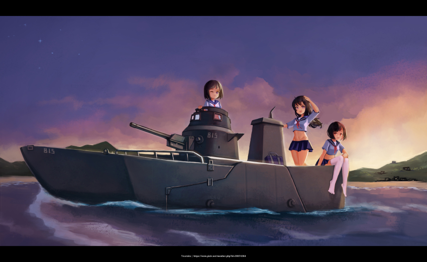 3girls absurdres amphibious_ground_vehicle blue_skirt breasts brown_hair cannon evening gradient_sky highres horizon landing_craft letterboxed long_hair midriff military military_vehicle miniskirt motor_vehicle mountain multiple_girls navel neck_ribbon ocean one_eye_closed orange_eyes orange_sky original outdoors pleated_skirt purple_eyes red_ribbon ribbon scenery school_uniform serafuku short_hair short_sleeves sitting skirt sky small_breasts special_type_2_launch_ka-mi standing star_(sky) sunset tank thighhighs turret twilight white_thighhighs youotaku