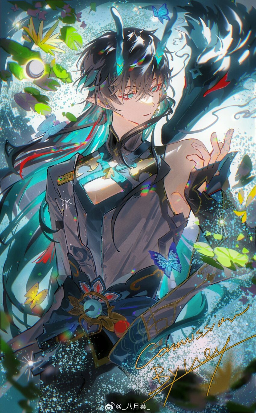 1boy 1other aqua_eyes aqua_horns black_gloves black_hair black_pants byuey cleavage_cutout closed_mouth clothing_cutout cowboy_shot dan_heng_(honkai:_star_rail) dan_heng_(imbibitor_lunae)_(honkai:_star_rail) dragon dragon_boy dragon_horns earrings eastern_dragon_horns eyeliner fingerless_gloves gloves hair_between_eyes highres honkai:_star_rail honkai_(series) horns jacket jewelry long_hair looking_at_another makeup male_focus mandarin_collar official_alternate_costume official_alternate_hair_length official_alternate_hairstyle open_clothes open_jacket pants pectoral_cleavage pectorals pointy_ears red_eyeliner shirt single_bare_shoulder very_long_hair watermark weibo_username weibo_watermark white_jacket white_shirt wide_sleeves