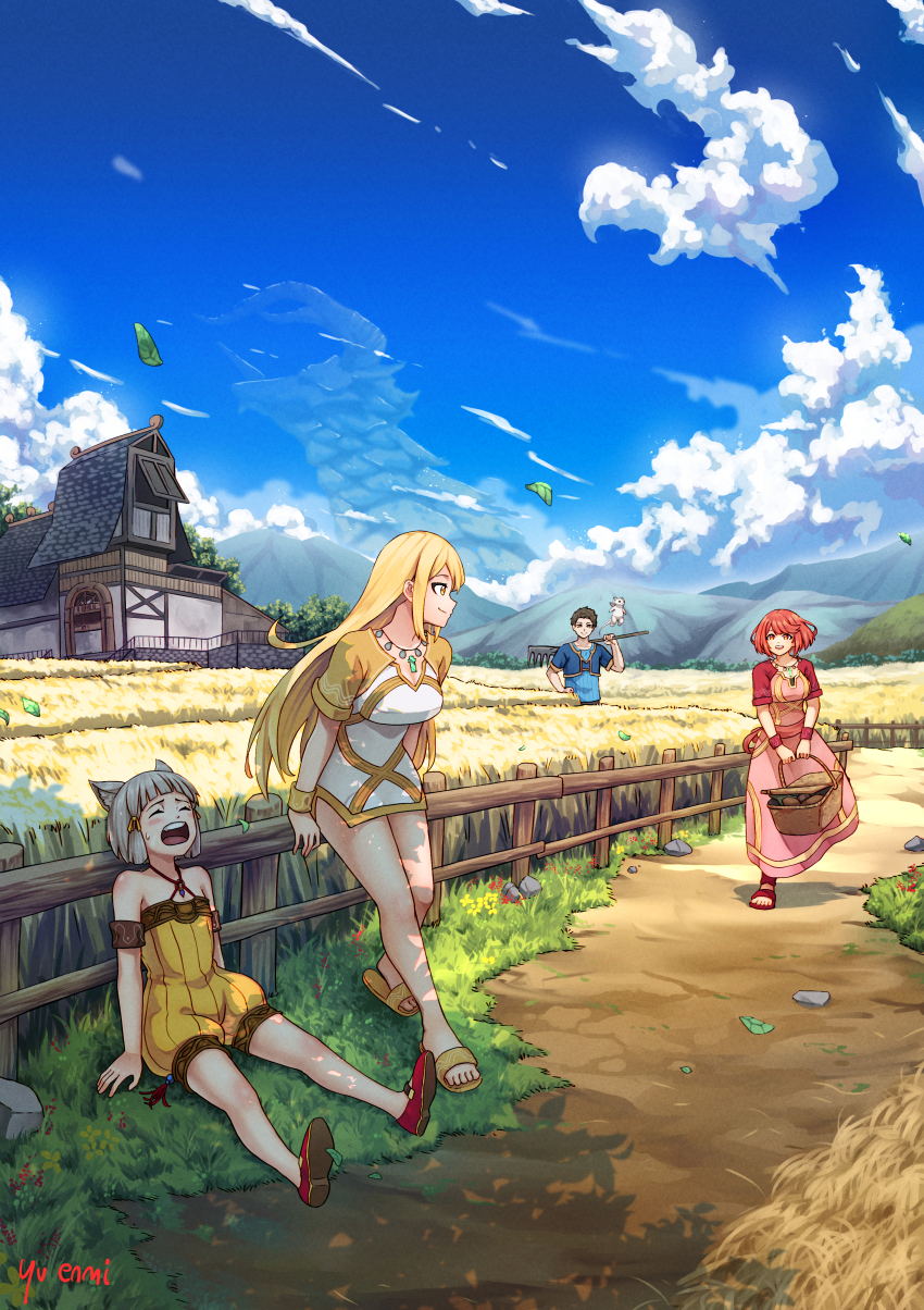 absurdres alternate_costume blonde_hair farm highres multiple_girls mythra_(xenoblade) nia_(xenoblade) pyra_(xenoblade) red_eyes red_hair rex_(xenoblade) xenoblade_chronicles_(series) xenoblade_chronicles_2 yellow_eyes you_nf