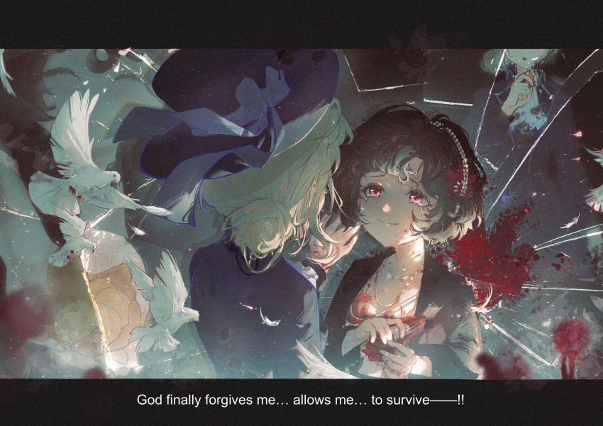 2girls absurdres at_gunpoint bird black_hair black_headwear black_jacket bow broken_glass closed_mouth crying crying_with_eyes_open curly_hair english_text facing_away feather_hair_ornament feathers furrowed_brow glass grey_hair gun hair_bun hair_ornament handgun hat hat_bow highres holding holding_gun holding_weapon jacket looking_at_another mangxia_xiang_chi_mangguo multiple_girls multiple_views red_eyes reverse:1999 schneider_(reverse:1999) short_hair single_side_bun smile streaming_tears subtitled tears upper_body vertin_(reverse:1999) weapon white_bird dove