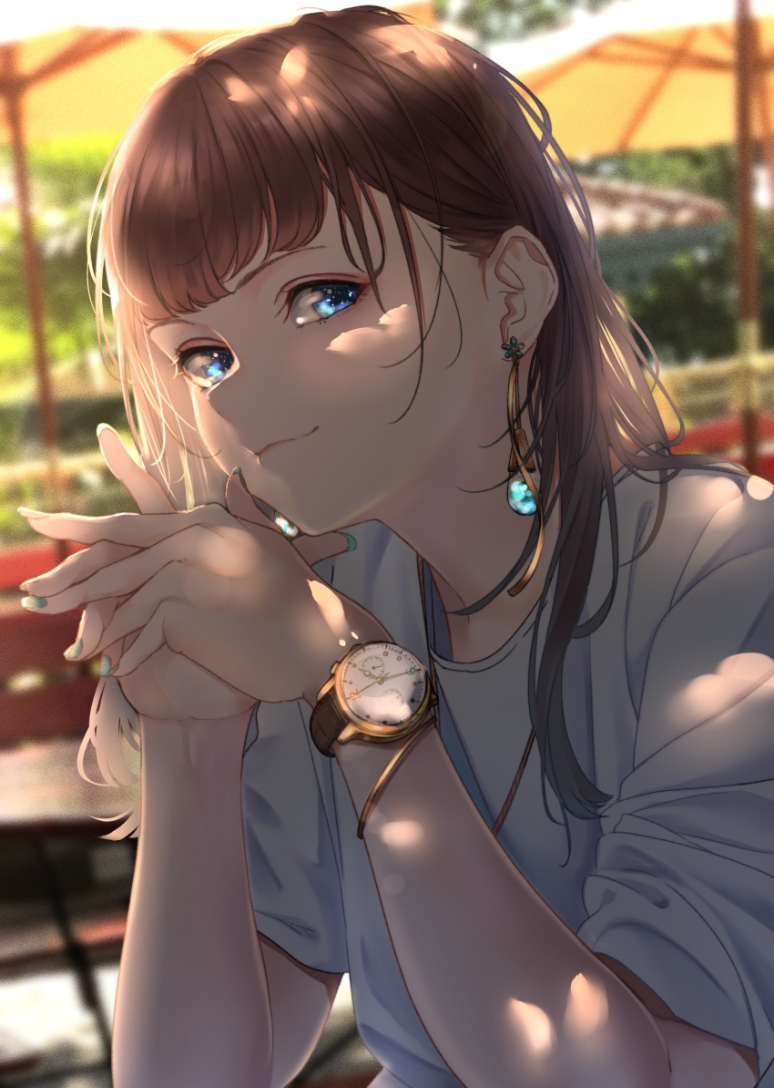 1girl aqua_nails bad_id bad_pixiv_id blue_eyes blurry blurry_background brown_hair dappled_sunlight earrings highres jewelry long_hair looking_at_viewer nail_polish original own_hands_together photo_background saitou_(lynx-shrike) shadow shirt smile solo sunlight t-shirt watch white_shirt wristwatch