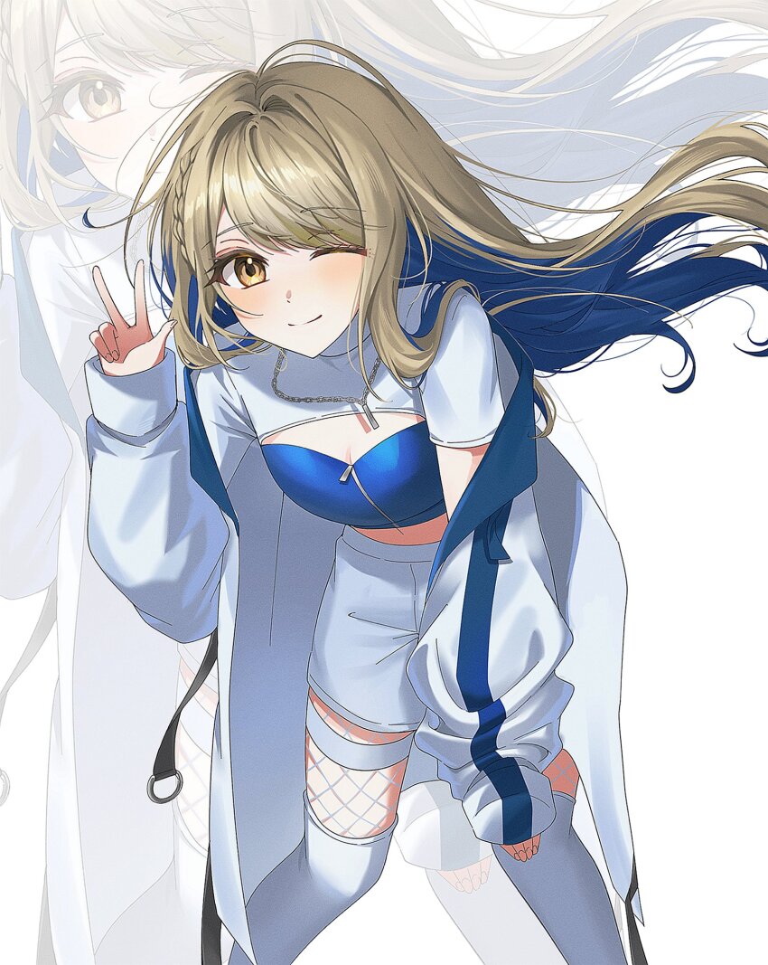 1girl azusawa_kohane blush breasts brown_eyes commentary fishnets highres jacket jewelry kshch32 leaning_forward long_hair long_sleeves looking_at_viewer multicolored_hair necklace one_eye_closed project_sekai shorts smile solo symbol-only_commentary thighhighs v virtual_youtuber white_jacket white_shorts