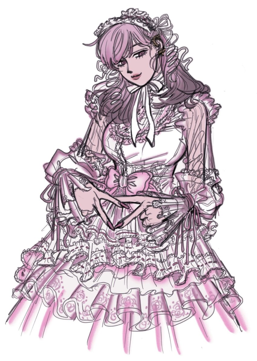 1girl alternate_costume bow breasts commentary costume_request cowboy_shot double_v dress ear_cuffs eyelashes fingernails frilled_dress frilled_headband frilled_sleeves frills gradient_hair gupunw hair_behind_ear hair_over_shoulder hairband head_tilt high_collar highres hime_lolita hypnosis_mic keitoin_honobono large_breasts layered_dress lipstick lolita_fashion lolita_hairband long_fingernails long_hair looking_down makeup multicolored_hair pink_eyes pink_hair pink_lips pink_nails pink_theme puffy_sleeves ribbon see-through_clothes see-through_sleeves simple_background smile solo symbol-only_commentary v white_background