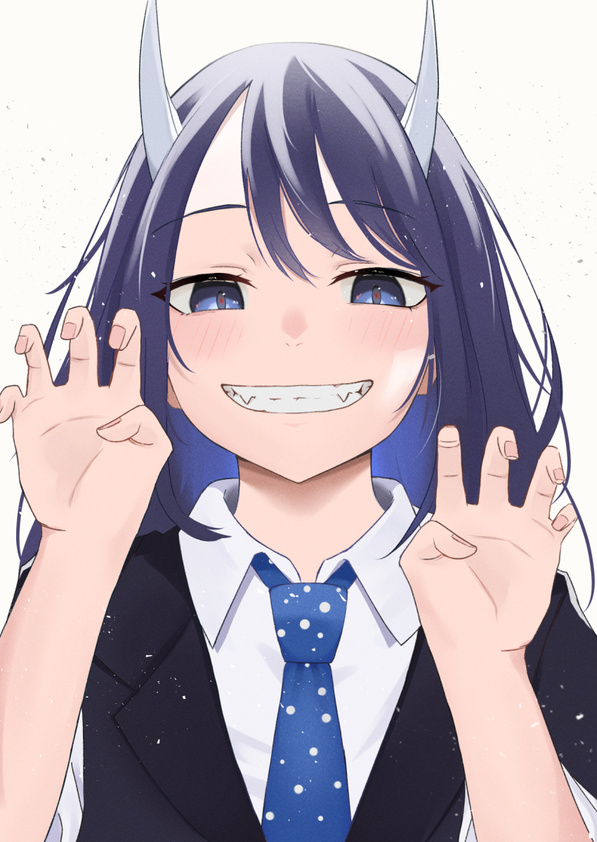 1girl aoki_ruri black_hair black_vest blue_eyes blue_necktie hands_up highres horns necktie ruridragon school_uniform sharp_teeth simple_background smile solo sono teeth upper_body vest white_background