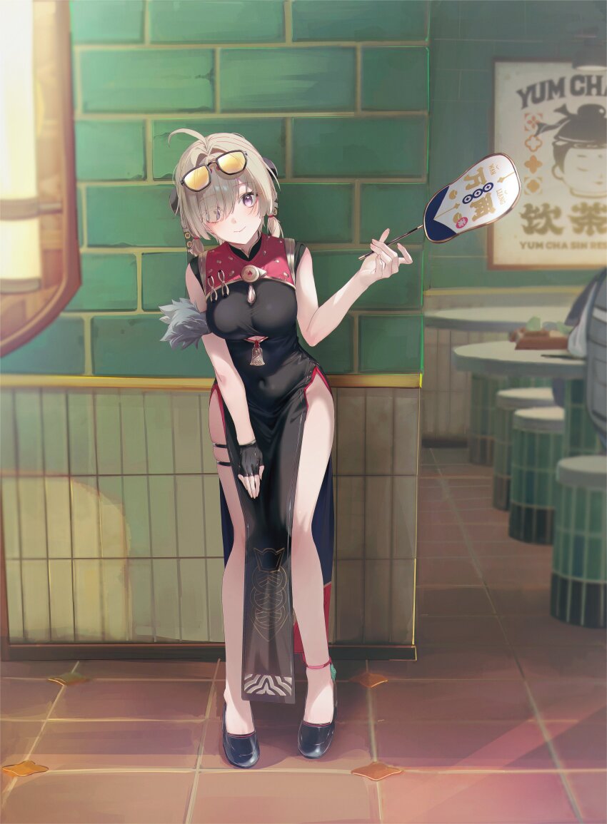 1girl absurdres ahoge bare_arms bare_legs bare_shoulders black_dress black_gloves black_shoes blonde_hair breasts china_dress chinese_clothes cleavage cleavage_cutout closed_mouth clothing_cutout covered_navel dress eyes_visible_through_hair eyewear_on_head fingerless_gloves full_body gloves hair_over_one_eye hand_fan hand_up highres holding holding_fan indoors large_breasts leaning_forward looking_at_viewer medium_hair pelvic_curtain purple_eyes shoes short_twintails single_glove skindentation sleeveless sleeveless_dress smile solo sunglasses sweety_(zenless_zone_zero) thigh_strap thighs twintails underboob_cutout zapik zenless_zone_zero