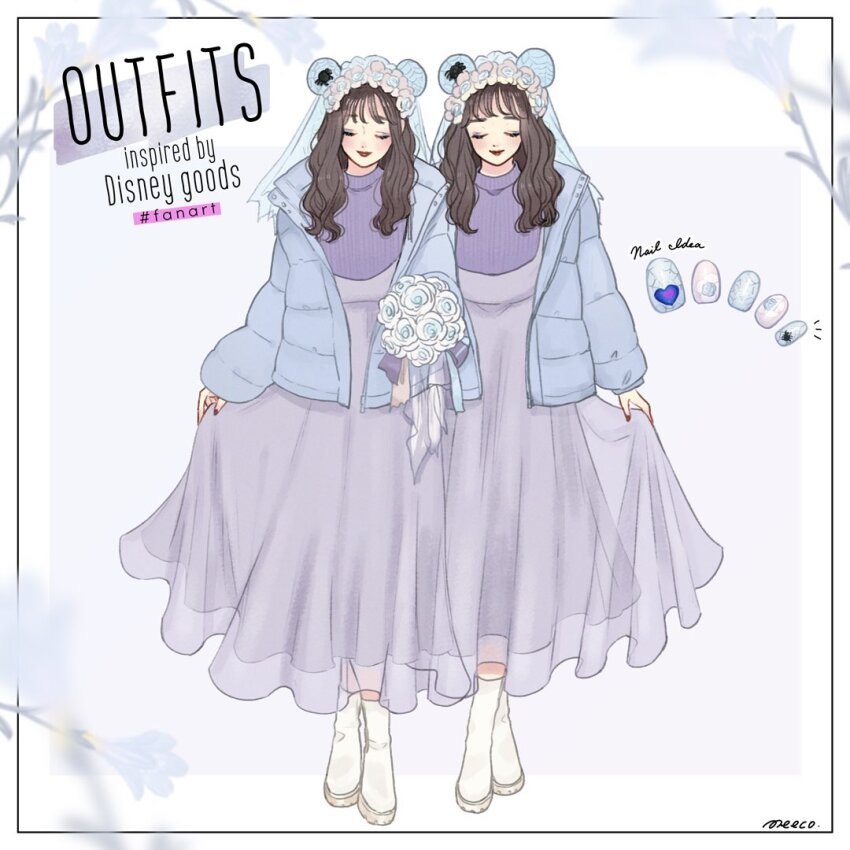 2girls animal_ears bear_ears blue_jacket boots bouquet bridal_veil brown_hair character_request check_character closed_eyes closed_mouth disneyland down_jacket eyelashes facing_viewer flower flower_wreath full_body head_wreath high-waist_skirt holding holding_bouquet jacket keyhole long_hair long_sleeves looking_at_viewer makeup meecosme multiple_girls open_clothes open_jacket purple_flower purple_nails purple_rose purple_skirt ribs rose skirt skirt_hold the_bride_(disneyland) the_haunted_mansion veil white_boots white_flower white_rose