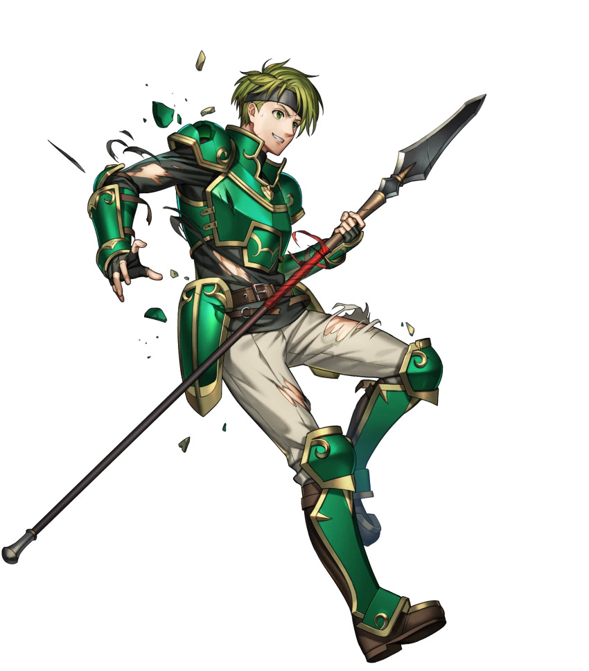 1boy armor artist_request boots broken_armor elbow_pads fingerless_gloves fire_emblem fire_emblem:_the_blazing_blade fire_emblem_heroes full_body gauntlets gloves gold_trim green_armor green_eyes green_hair headband highres holding holding_polearm holding_weapon knee_boots long_sleeves looking_away male_focus nintendo non-web_source official_art pants parted_lips polearm sain_(fire_emblem) short_hair shoulder_armor smile spear teeth torn_clothes torn_pants transparent_background turtleneck weapon
