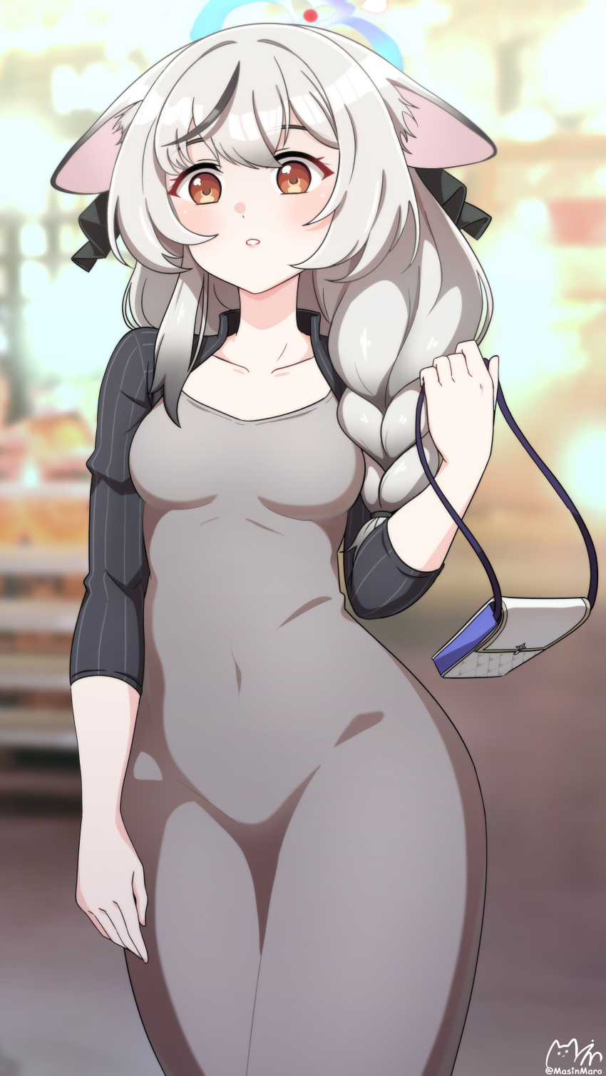 1girl absurdres aged_up alternate_costume alternate_hairstyle animal_ear_fluff animal_ears bag blue_archive blurry braid breasts commentary_request depth_of_field dongtan_dress dress grey_dress grey_hair hair_between_eyes hair_ribbon halo handbag highres kokona_(blue_archive) long_hair long_sleeves looking_at_viewer low-tied_long_hair majinmallow meme_attire multicolored_hair orange_eyes parted_lips ribbon sidelocks single_braid small_breasts solo streaked_hair tiger_ears tiger_girl two-tone_hair
