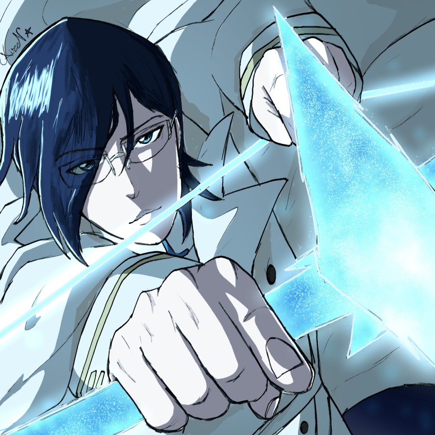 1boy black_hair bleach bleach:_sennen_kessen-hen blue_eyes bow electricity electrokinesis glasses hair_between_eyes highres holding ishida_uryuu kubo_tite_(style) long_sleeves male_focus non-web_source original pale_skin quincy_(bleach) short_hair smile sternritter wandenreich wandenreich_uniform weapon