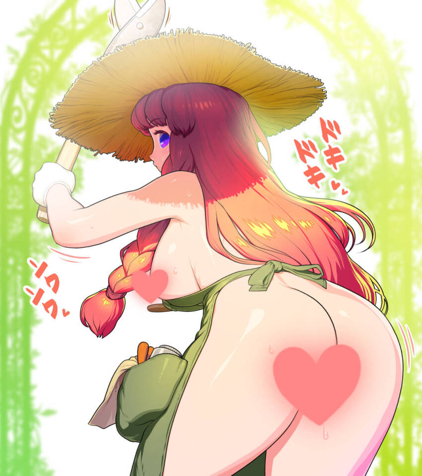 1girl alternate_costume apron arch art_tools_in_frame ass back backboob blunt_bangs blush breasts butt_crack censored commentary_request cowboy_shot floral_arch from_behind gloves green_apron hat heart heart_censor hedge_clippers highres hong_meiling large_breasts long_hair looking_at_viewer looking_back naked_apron open_mouth orange_hair paid_reward_available purple_eyes solo straw_hat touhou white_gloves yonaki