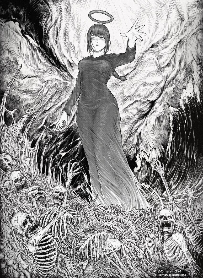 1girl absurdres artist_name black_dress bone braid braided_ponytail breasts chainsaw_man dress halo highres looking_at_viewer makima_(chainsaw_man) marvin_(omarvin) medium_breasts medium_hair monochrome ribs skeleton skull solo twitter_username watermark web_address