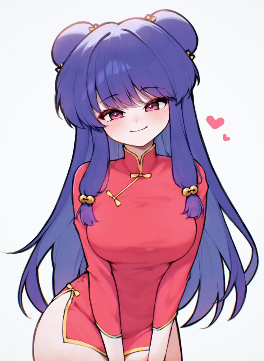 1girl bell blush bow china_dress chinese_clothes cowboy_shot double_bun dress eyeliner grey_background hair_bun hair_ornament heart highres long_hair makeup open_mouth purple_hair ranma_1/2 red_dress red_eyes seion shampoo_(ranma_1/2) side_slit sidelocks simple_background smile solo v_arms yellow_bow yellow_trim
