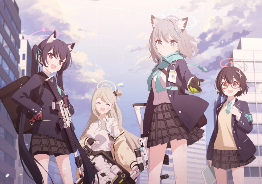 4girls ^_^ animal_ear_fluff animal_ears aqua_armband aqua_necktie aqua_ribbon aqua_scarf armband assault_rifle ayane_(blue_archive) beretta_ar70/90 bike_shorts_under_skirt black_bag black_hair black_jacket black_skirt blazer blue_archive blue_eyes blue_halo bright_pupils brown_eyes building cat_ears closed_eyes collared_shirt cowboy_shot dot_nose fingerless_gloves game_cg gatling_gun glasses gloves green_gloves green_halo grey_hair gun hair_between_eyes hair_ribbon halo hands_on_own_hips highres holding holding_gun holding_tablet_pc holding_weapon jacket lanyard light_brown_hair long_hair long_sleeves looking_at_viewer m134_minigun mismatched_pupils multiple_girls necktie non-web_source nonomi_(blue_archive) offering_hand official_art open_clothes open_jacket open_mouth orange_halo pink_halo plaid_clothes plaid_skirt pointy_ears reaching reaching_towards_viewer red-framed_eyewear red_eyes red_gloves ribbon rifle scarf serika_(blue_archive) shiroko_(blue_archive) shirt short_hair sig_sauer_556 skirt skyscraper smile standing sweater_vest tablet_pc twintails two-tone_gloves very_long_hair vest weapon white_pupils white_shirt wolf_ears yellow_vest