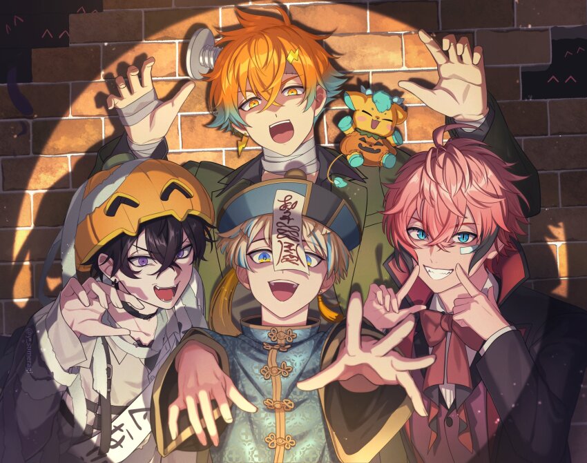 4boys :d ahoge akagi_wen aqua_eyes aqua_hair artist_name bandaged_arm bandaged_hand bandaged_neck bandages bandaid bandaid_on_cheek bandaid_on_face black_choker black_hair black_jacket blonde_hair blue_eyes blue_hair blue_hat blue_shirt bow bowtie brick_wall buttons chest_harness chinese_clothes choker claw_pose collared_jacket collared_shirt commentary crossed_bangs earrings fangs gold_trim gradient_hair green_jacket grey_shirt grin hair_between_eyes hair_ornament halloween_costume hand_up hands_up harness hat hibachi_mana high_collar highres index_fingers_raised jacket jewelry jiangshi_costume lapels light_particles lightning_bolt lightning_bolt_earrings lightning_bolt_hair_ornament lightning_bolt_symbol long_sleeves looking_at_viewer male_focus merasugi multicolored_eyes multicolored_hair multiple_boys nijisanji object_through_head ofuda ofuda_on_head open_clothes open_jacket open_mouth orange_eyes orange_hair oriens_(nijisanji) outstretched_arms pink_hair pumpkin purple_eyes qingdai_guanmao red_bow red_bowtie red_vest saiki_ittetsu screw screw_in_head shadow sharp_teeth shirt short_hair single_earring sleeves_past_wrists smile spotlight streaked_hair symbol-only_commentary tassel tassel_earrings teeth twitter_username two-tone_eyes upper_body upper_teeth_only usami_rito vampire_costume vest virtual_youtuber white_shirt yellow_eyes