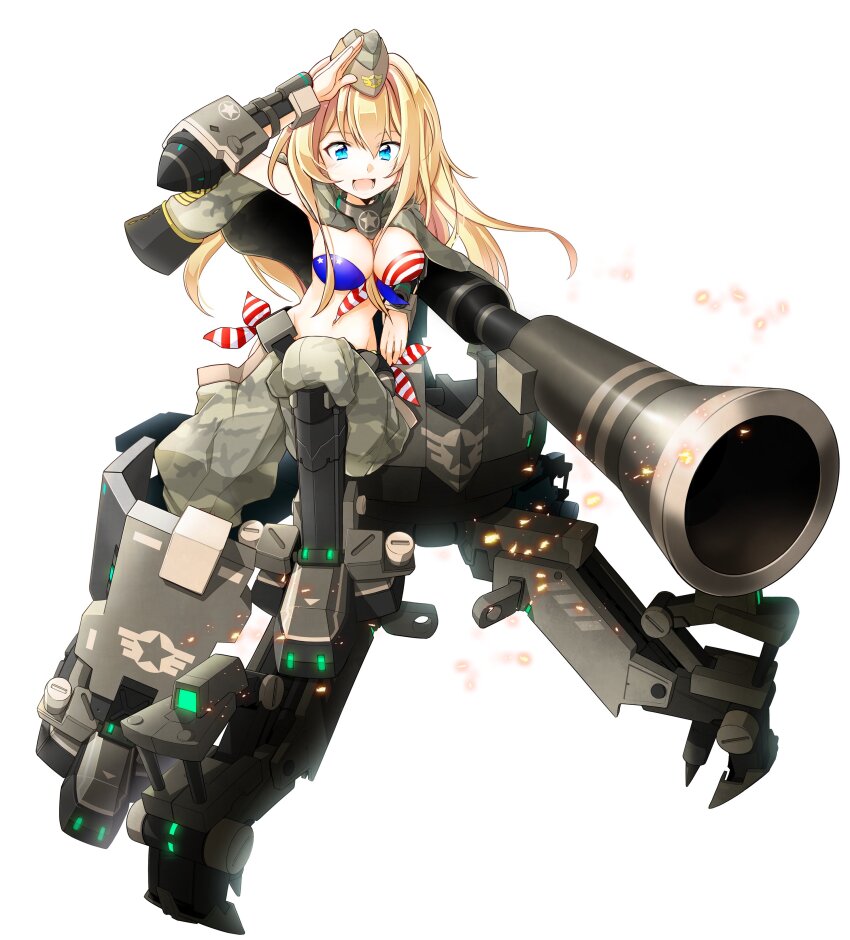 1girl absurdres amelia_leopold blonde_hair blue_eyes bra breasts cannon cosmic_break hat highres jacket jacket_on_shoulders large_breasts long_hair midriff military_hat official_art open_mouth pants salute second-party_source sitting smile underwear