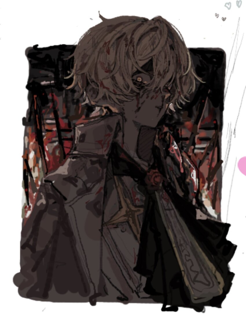 0_5en 1boy ascot black_ascot blonde_hair blood blood_in_hair blood_on_clothes blood_on_face brooch highres jacket jacket_on_shoulders jewelry limbus_company looking_at_viewer n_corp._fanatic_(identity)_(project_moon) project_moon shirt sinclair_(project_moon) solo talisman wax_seal white_background white_shirt yellow_eyes