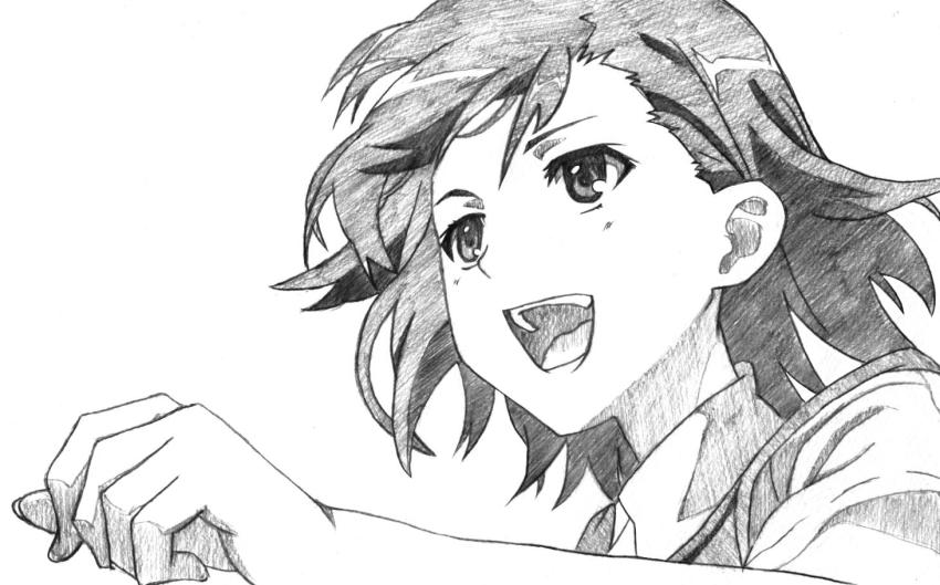 bad_id bad_pixiv_id charcoal_(medium) foreshortening greyscale misaka_mikoto monochrome portrait running ryuuryuu school_uniform short_hair smile solo toaru_kagaku_no_railgun toaru_majutsu_no_index traditional_media