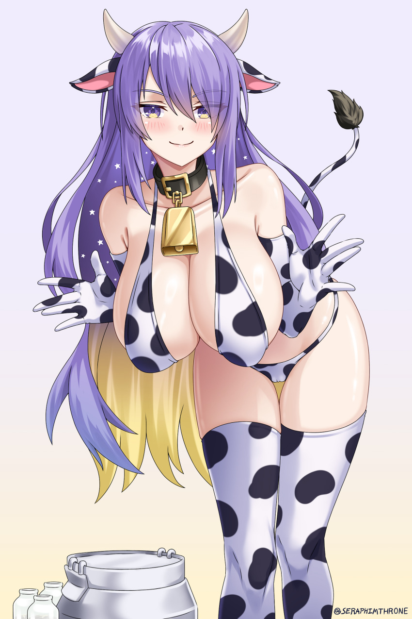 1girl animal_costume animal_ears animal_print bell bikini blonde_hair blush breasts choker colored_inner_hair cow_costume cow_ears cow_horns cow_print cow_print_bikini cow_print_gloves cow_print_thighhighs cow_tail cowbell fake_horns gloves gradient_hair hair_between_eyes highres hololive hololive_indonesia horns large_breasts long_hair looking_at_viewer milk moona_hoshinova multicolored_hair paid_reward_available print_bikini print_gloves print_thighhighs purple_eyes purple_hair seraphim_throne simple_background smile solo starry_hair swimsuit tail thighhighs two-tone_hair virtual_youtuber white_background