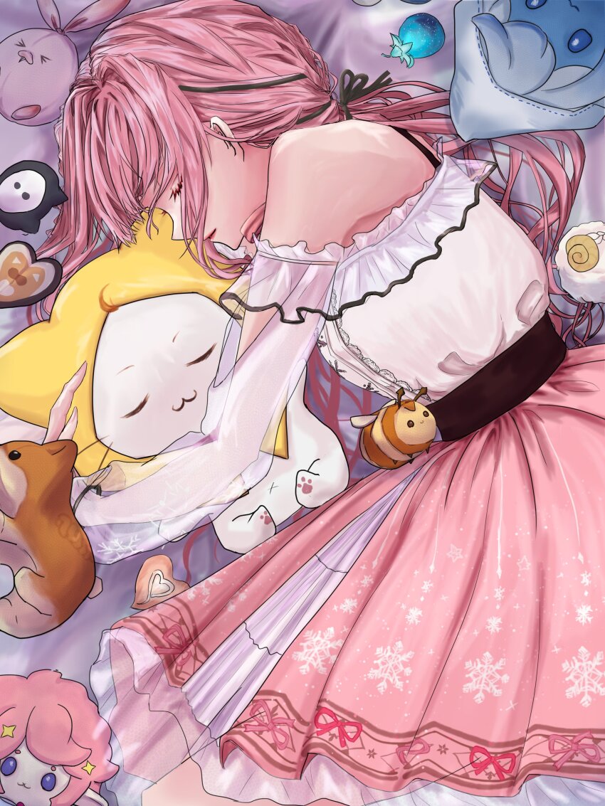 1girl absurdres ahoge animal animal_hug arm_cutout bare_shoulders belt black_belt black_ribbon blushbunny bra_strap buttons cat center_frills character_doll cloak closed_eyes closed_mouth clothed_animal doll ear_covers expressionless eyelashes faewish_sprite fingernails floof_(infinity_nikki) food foodie_bee frilled_shirt frilled_skirt frilled_sleeves frills fruit hair_ribbon hashtag-only_commentary high-waist_skirt highres hood hood_up hooded_cloak infinity_nikki layered_skirt lipstick long_hair long_sleeves low_twintails lying makeup medium_skirt momo_(nikki) navel neck_ribbon nikki_(nikki) nikki_(series) nona_(qrown9) off-shoulder_shirt off_shoulder on_bed on_side pawpads perfect_start_(infinity_nikki) pink_hair pink_ribbon pink_skirt pleated_skirt pointy_nose red_lips ribbon scintillada_(infinity_nikki) see-through_clothes see-through_sleeves shirt sidelocks skirt sleeping snowflake_print striped_ribbon stuffed_animal stuffed_bee stuffed_dog stuffed_rabbit stuffed_toy tress_ribbon twintails very_long_hair whiskers white_cat white_shirt white_skirt yellow_cloak
