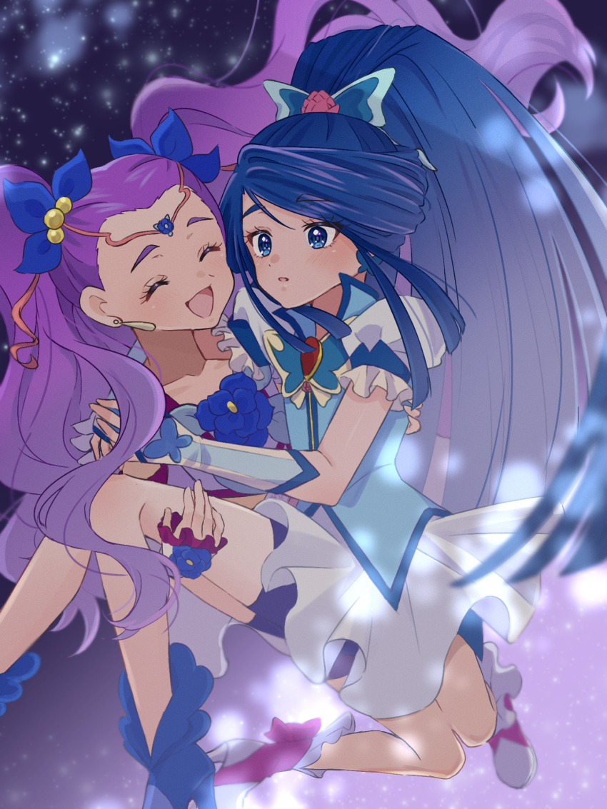 2girls arm_warmers bike_shorts blue_boots blue_eyes blue_hair blue_shorts blue_vest blush boots butterfly_brooch butterfly_earrings butterfly_hair_ornament carrying closed_eyes cropped_shirt cure_aqua dress earrings hair_ornament high_heel_boots high_heels high_ponytail highres jewelry long_hair magical_girl midriff milky_rose mimino_kurumi minazuki_karen multiple_girls open_mouth ponytail precure puffy_short_sleeves puffy_sleeves purple_boots purple_hair purple_shirt purple_shorts shigen_pr shirt short_sleeves shorts skirt smile two_side_up vest white_dress white_skirt yes!_precure_5 yes!_precure_5_gogo!