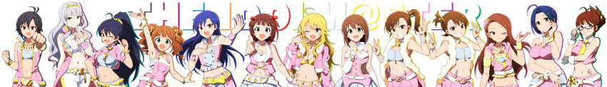6+girls absurdres adjusting_eyewear ahoge akizuki_ritsuko amami_haruka antenna_hair arm_up armband armpits bare_shoulders belly_chain belt belt_buckle black-framed_eyewear black_eyes black_gloves black_hair blonde_hair blue_eyes blue_hair blue_pants blue_shirt blue_tube_top blush bob_cut bodypaint bra bracelet breasts brown_eyes brown_hair buckle chain_belt character_name choker cleavage clenched_hand clenched_hands closed_mouth clothing_cutout collar collarbone crop_top cropped_hoodie cropped_jacket cropped_shirt detached_collar detached_sleeves dot_nose double_v dress earrings fang fingerless_gloves fishnet_cutout flat_chest folded_ponytail fur-trimmed_collar fur-trimmed_jacket fur_trim futami_ami futami_mami ganaha_hibiki glasses gloves gold_belt gold_bracelet gold_hairband gold_necklace green_eyes grey_hair grin hagiwara_yukiho hair_ornament hairband hand_on_own_chest hand_on_own_elbow hand_on_own_face hand_on_own_hip hand_up hands_up heart heart_choker highres hood hood_down hoodie hoop_earrings hoshii_miki idolmaster idolmaster_(classic) idolmaster_million_live! idolmaster_million_live!_theater_days index_finger_raised jacket jewelry jumpsuit kidachi kikuchi_makoto kisaragi_chihaya large_breasts lightning_bolt lightning_bolt_hair_ornament lightning_bolt_symbol long_hair long_image long_sleeves looking_at_viewer luxury_(idolmaster) medium_breasts midriff minase_iori miniskirt miura_azusa multiple_bracelets multiple_girls multiple_necklaces navel necklace necktie o-ring o-ring_top one_eye_closed open_clothes open_hand open_jacket open_mouth pants pink_diamond_765_(idolmaster) pink_hoodie pink_jacket pink_jumpsuit pink_shirt pink_shorts pink_skirt ponytail purple_eyes reaching reaching_towards_viewer red_eyes semi-rimless_eyewear shijou_takane shirt short_hair shorts side_ponytail simple_background skirt sleeveless sleeveless_dress sleeveless_hoodie sleeveless_jacket sleeveless_jumpsuit sleeveless_shirt small_breasts smile star_(symbol) star_hair_ornament star_necklace strapless studded_belt studded_bracelet suspender_shorts suspender_skirt suspenders takatsuki_yayoi thumbs_up translation_request tube_top twintails two-tone_dress two-tone_shirt two-tone_skirt under-rim_eyewear underwear upper_body v v-shaped_eyebrows white_background white_belt white_choker white_collar white_pants white_shirt white_sleeves white_wrist_cuffs wide_image wrist_cuffs y2k_fashion yellow_armband yellow_belt yellow_bra yellow_hairband yellow_necktie zipper zipper_pull_tab