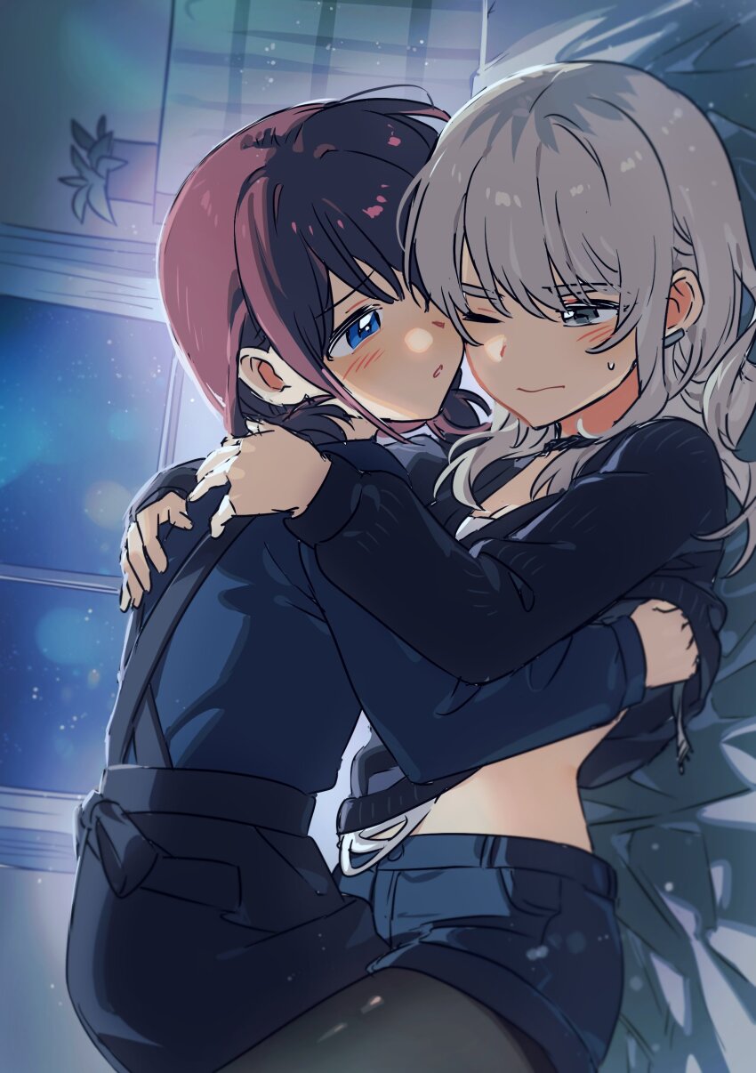 2girls absurdres black_leggings blue_eyes blue_overalls blush choker clothes_pull girl_on_top girls_band_cry grey_eyes grey_hair habsida_(habsida_hpy) hands_on_another&#039;s_back highres iseri_nina kawaragi_momoka leg_between_thighs leggings low_twintails multiple_girls night night_sky on_bed one_eye_closed overalls purple_hair shirt_pull short_hair sky sweat tagme thick_eyebrows twintails window yuri