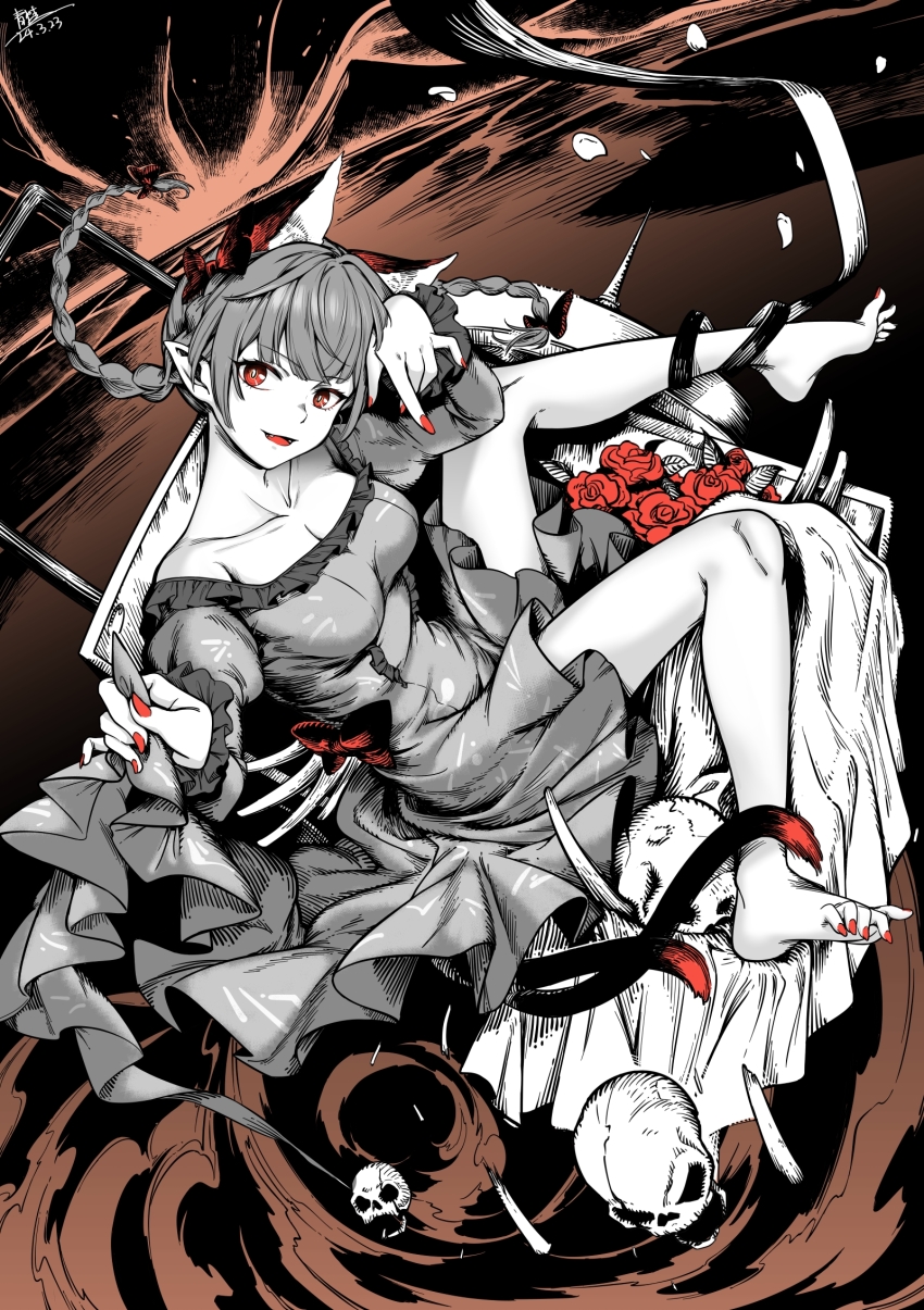 1girl animal_ears barefoot bone braid breasts cat_ears cat_tail cleavage collarbone dated dress extra_ears fangs fingernails frilled_sleeves frills highres kaenbyou_rin long_hair long_sleeves medium_breasts multiple_tails nail_polish off-shoulder_dress off_shoulder open_mouth pointy_ears qingwa_chi_she red_eyes red_nails signature skull smile solo spot_color tail toenail_polish toenails toes touhou twin_braids two_tails