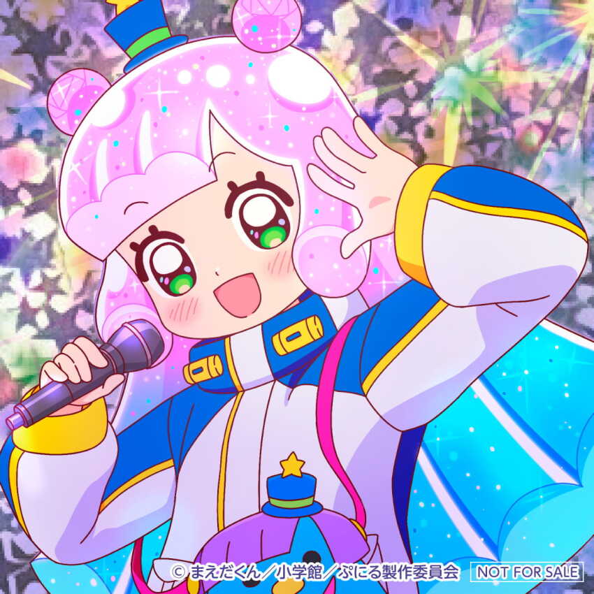 1girl blush gradient_hair green_eyes hat highres holding holding_microphone jacket long_hair looking_at_viewer microphone mini_hat mini_top_hat monster_girl multicolored_hair official_art open_mouth puniru_(puniru_wa_kawaii_slime) puniru_wa_kawaii_slime slime_girl smile solo top_hat upper_body