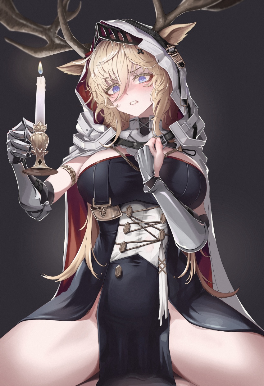 1boy 1girl absurdres animal_ears antlers arknights black_dress blonde_hair blue_eyes blush breasts candle candlestand clenched_teeth commentary deer_antlers deer_ears deer_girl dress girl_on_top hair_between_eyes highres holding holding_candle hood hood_up horns implied_sex large_breasts long_hair looking_at_viewer mildt paid_reward_available pelvic_curtain pov simple_background solo_focus spread_legs teeth vambraces viviana_(arknights)
