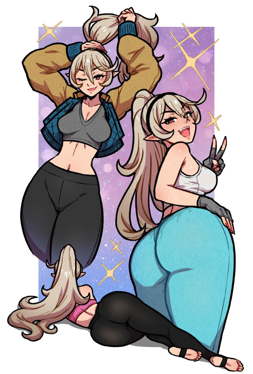 1girl akairiot alternate_costume alternate_hairstyle ass ass_focus breasts cleavage commentary contemporary female_corrin_(fire_emblem) fingerless_gloves fire_emblem fire_emblem_fates gloves hair_between_eyes hairband high_ponytail highres jacket long_hair looking_at_viewer medium_breasts multiple_views nail_polish nintendo pants pink_nails pointy_ears ponytail red_eyes smile symbol-only_commentary v yoga_pants