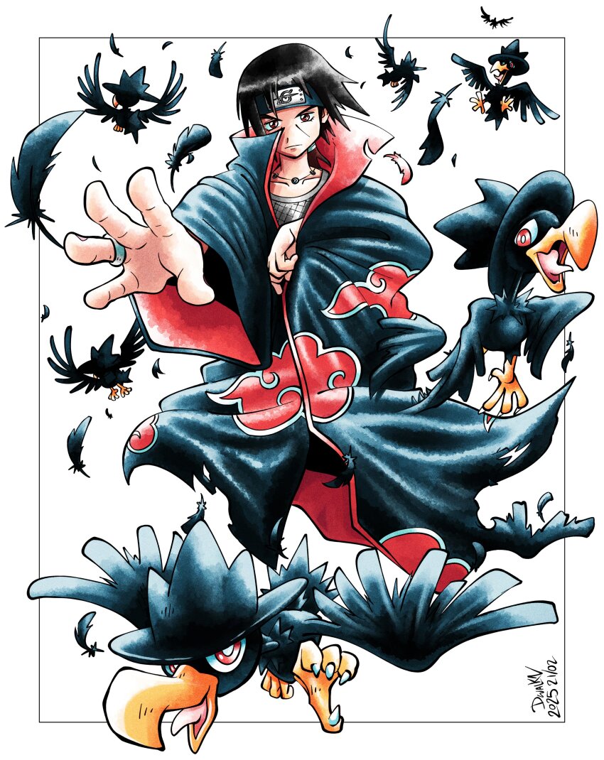 absurdres akatsuki_uniform beak bird black_coat black_feathers black_hair coat crossover crow dwalkn feathers forehead_protector gen_2_pokemon highres murkrow naruto_(classic) naruto_(series) nintendo pokemon pokemon_(creature) red_eyes sharingan simple_background talons uchiha_itachi white_background