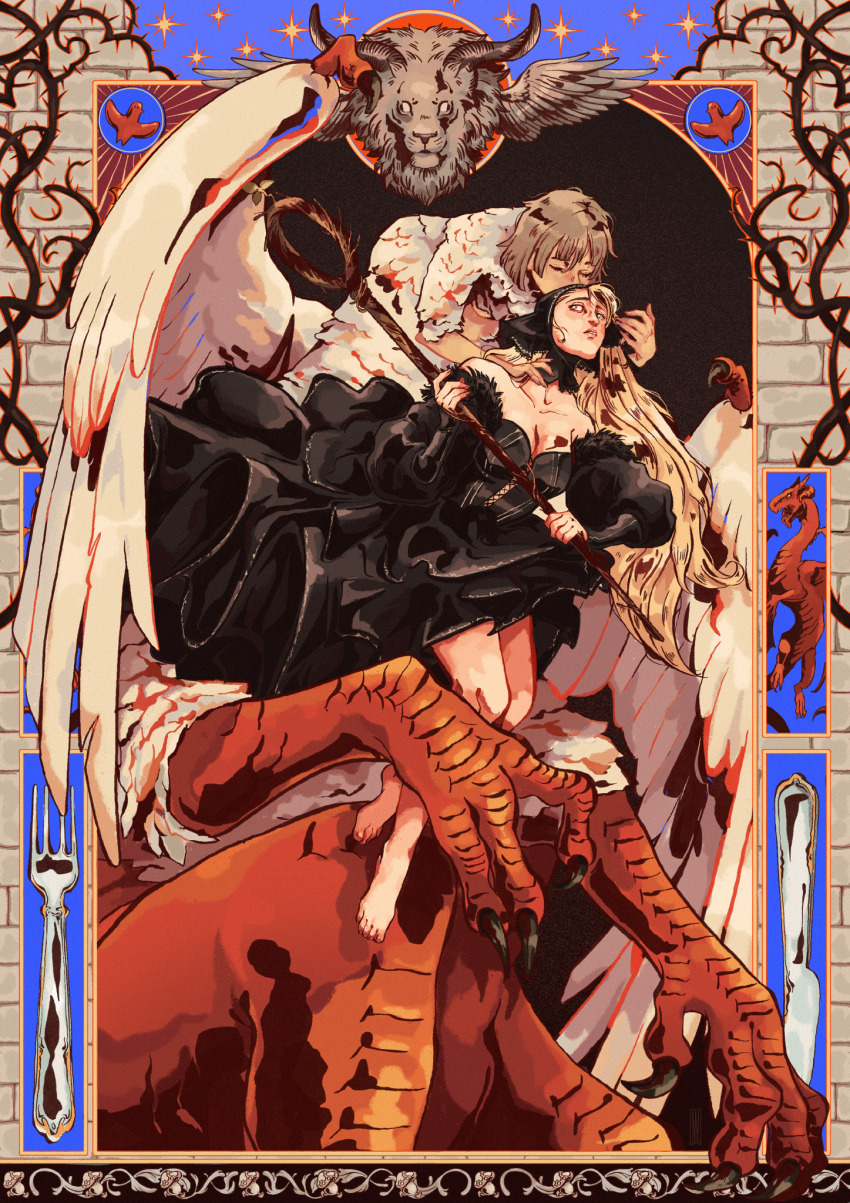 2girls bare_legs barefoot black_dress blonde_hair breasts centauroid chimera claws commentary detached_hood dress dungeon_meshi elf english_commentary falin_touden falin_touden_(chimera) feathered_wings feathers fork grey_hair highres knife leaning_forward long_hair marcille&#039;s_familiar marcille_donato marcille_donato_(lord) marinevhs monster_girl multiple_girls off-shoulder_dress off_shoulder pointy_ears red_dragon_(dungeon_meshi) red_scales talons taur very_long_hair white_feathers winged_lion_(dungeon_meshi) wings yuri