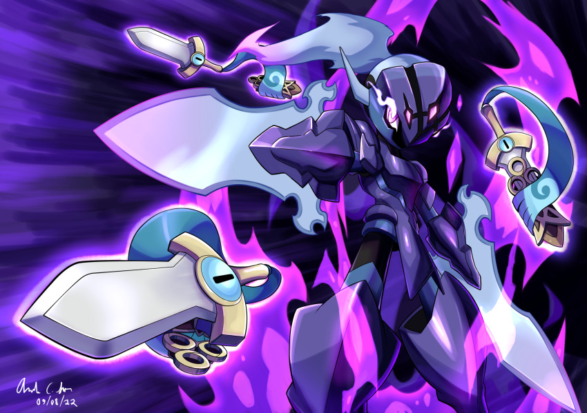 armor blade ceruledge commentary eye_trail gen_6_pokemon glowing highres honedge innovator123 light_trail looking_to_the_side nintendo no_humans outstretched_arm pokemon pokemon_(creature) purple_eyes standing sword weapon