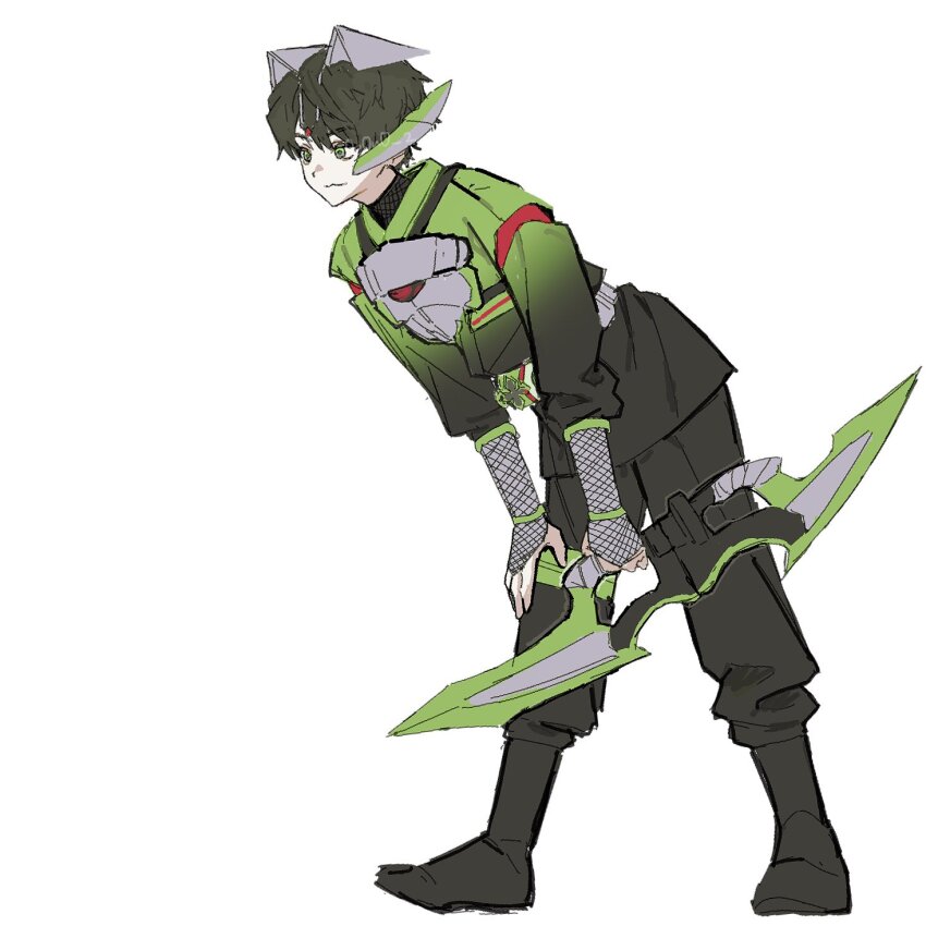 0e0n0_2 1boy animal_ears bent_over full_body green_eyes green_hair highres holding holding_weapon kamen_rider kamen_rider_geats_(series) kamen_rider_tycoon male_focus ninja_dueler raccoon_ears sakurai_keiwa short_hair solo tokusatsu weapon